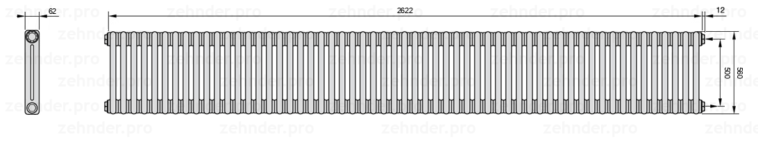 Схема (чертеж) Радиатор Zehnder Charleston 2056/57 №7610 Белый глянцевый RAL 9016